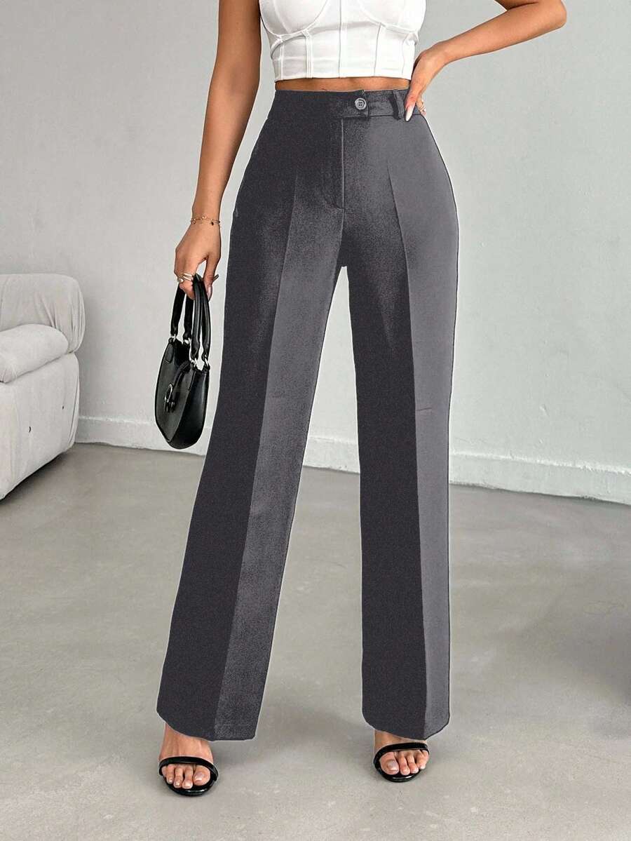 SHEIN Cottnline Straight Pants For Women With High Waist And Elegant Solid Color With Button And Zipper Detail - Dark Grey - View 1
