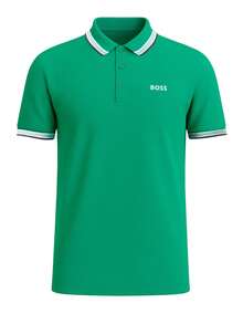 Hugo Boss 男士夏季字母条纹印花 Polo 领短袖休闲 T 恤 - 303 深綠色 - 查看 4