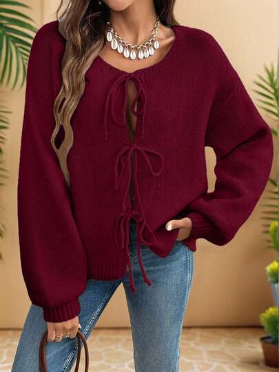 EURMUSE Avslappnad löst knytband framtill långärmad kofta för kvinnor, lämplig för vardagsbruk