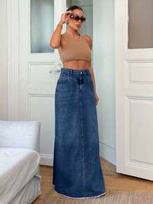 100% Cotton Low Waist Denim Wide Hem Denim Skirt - Dark Wash - View 6
