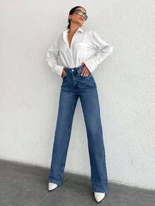 SHEIN Tall Tall High Waist Casual Straight Jean - Medium Wash - View 4
