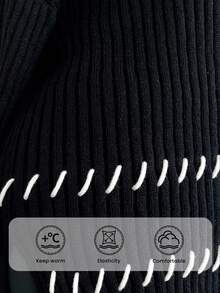 Firerie Plus Size Women's Casual Everyday Minimalist White Contrast Edge Side Slit Knit Pullover Sweater, Autumn/Winter Ribbed Sweaters Women Sweaters Plus Size Sweaters Sweaters With Bell Sleeves Embroidered Sweaters - Black - View 9