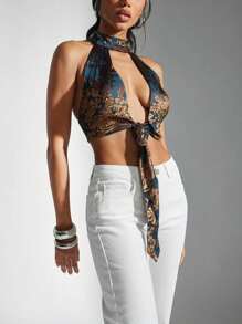 Denimoi 露背 O 形环五金细节前开后开吊带上衣性感风格外出俱乐部演唱会女生夜总会节日夏季 - 藍色 - 查看 4