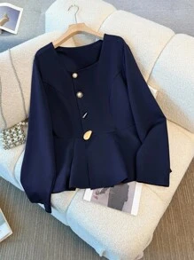 SHEIN Clasi 大码优雅通勤不对称纽扣衬衫 - 藍色 - 查看 5