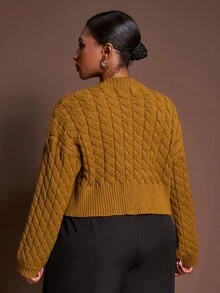 Veslaya 秋冬新款优雅休闲宽松纯色深黄色长袖短款针织开衫，适合派对、约会和日常穿着，大码女款 - 芥末黃 - 查看 3