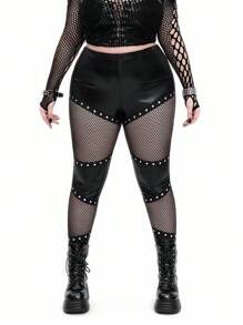 SHEIN Whyspr Quần legging cạp cao co giãn họa tiết Halloween Punk thường ngày bằng da PU co giãn cao cỡ lớn - màu đen - Xem 4