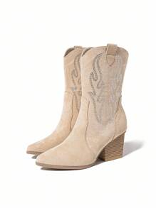 Styleloop Women's Mid-Calf Boots, Boho Style, Retro American, Bohemian, Western, Music Festival, Party, Christmas, Halloween Outfit Valentine's Day - Apricot - View 4