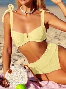 Swim Mod Women's Solid Yellow Shoulder Knot Sexy Bikini Set For Summer Beach, Bathing Suit