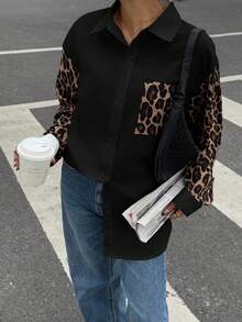 Siren Gaze Koszula damska z długim rękawem i nadrukiem w panterkę, minimalistyczna koszula damska w stylu retro, koszula damska w stylu ulicznym, koszula z nadrukiem w panterkę