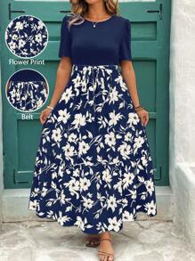 Reflora Kleid mit Blume Muster, Rüschensaum und Kurzarm in Große Größen