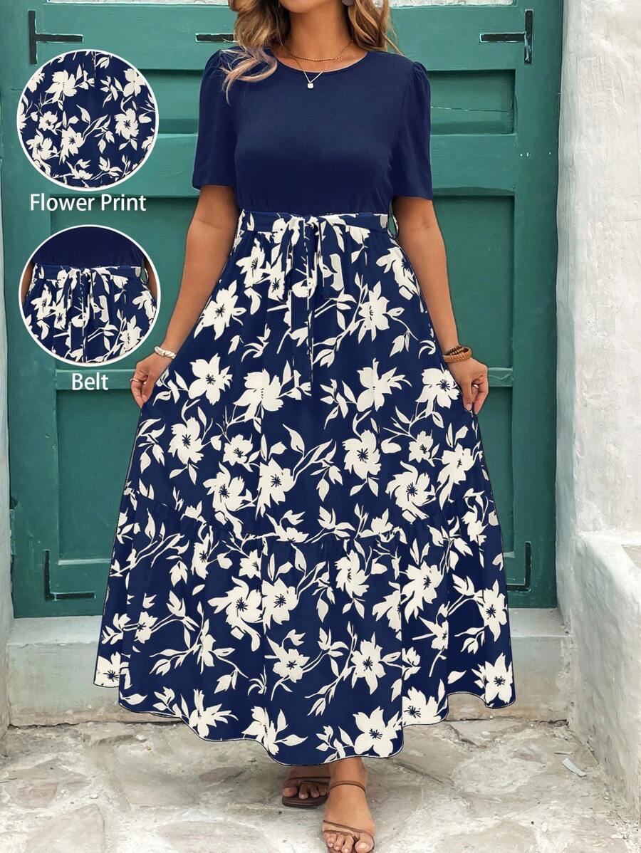 Reflora Kleid mit Blume Muster, Rüschensaum und Kurzarm in Große Größen