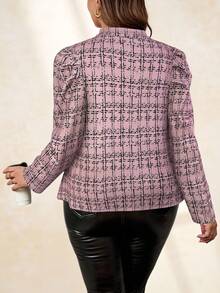 Chikora 大码女式金属扣装饰粗花呢纹理夹克，优雅百搭，适合日常休闲、商务、通勤、秋冬季穿着。