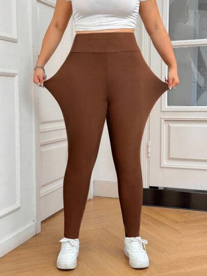 SHEIN EZwear Plus Size Solid Color High Waist Casual Slim Fit Leggings