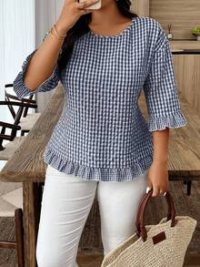 Weeklong Camisa casual de mujer talla grande con cuello redondo, manga 3/4 y dobladillo con volantes a cuadros - Azul Marino - Ver 3