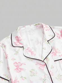 ROMWE Kawaii Cute Bow Floral Pattern Satin Fabric Long Sleeve Shorts Women Pajama Set - Pink - View 3