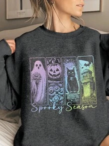 EMERY ROSE Plus Size Halloween Sweatshirt, Plus Size Graphic Long Sleeve Pullover Top, Streetwear Style, Cute Autumn/Winter, Vacation Vibe Fall - Dark Grey - View 5
