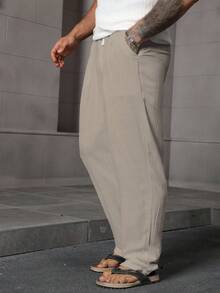 Manfinity RSRT Pantalones de lino con cintura elástica para hombre, otoño - Caqui - Ver 3