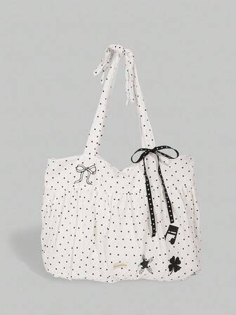 Kawaii 1 pieza Bolso de hombro de gran capacidad con estilo dulce japonés, lunares blancos, decoración de nota musical, trébol de cuatro hojas y lazo, estilo universitario para adolescentes (1657622)