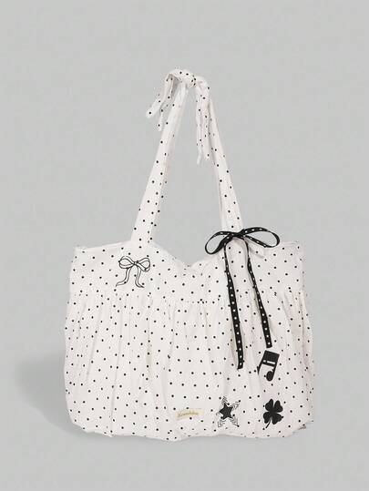 Kawaii 1pc Japanese Sweet Style White Polka Dot Large Capacity Shoulder Bag, Music Note, Four-Leaf Clover, Bow Decor, College Style Handbag For Teens (1657622)