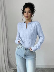 EURMUSE Damtröja med v-ringning och långärmad, avslappnad, kort tröja, tvinnad kabelmönster - Babyblå - Visa 4