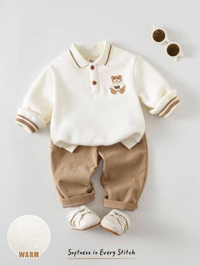 Cozy Pixies Set de 2 piezas de sudadera de cuello redondo de manga larga y pantalones de cintura elástica con estampado de oso de dibujos animados para bebé niño