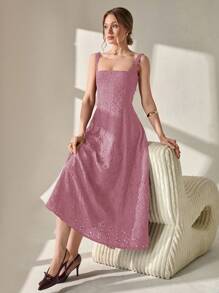 CLARA VERO Elegant Solid Color Hollow Embroidery Sleeveless Dress, Summer - Dusty Pink - View 4