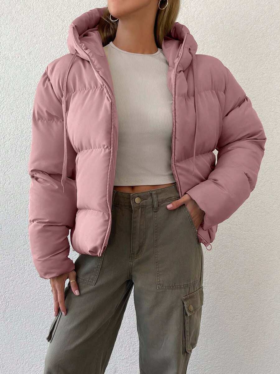 EURMUSE Women's Solid Color Long Sleeve Zipper Front Drawstring Hooded Casual Winter Jacket - Pink - View 1