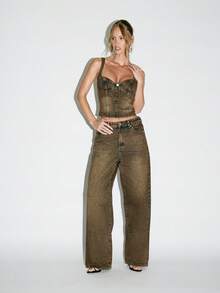 KIZN Vintage Style Denim Corset Top Bustier Strapless Sweetheart Neckline Brown Washed Wide Strap Tank Crop Festival Western Cottagecore Autumn Fashion - Khaki - View 4