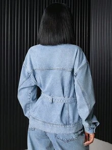 EURMUSE Flap Pocket Button Front Denim Jacket - Medium Wash - View 2