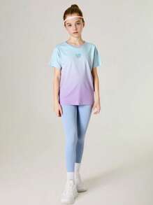 SHEIN Tween Girls 2pcs Set T-Shirt + Leggings, Yoga, Running, Workout Elastic Colorful Campus Street Fashion Sportswear - Blue - View 6