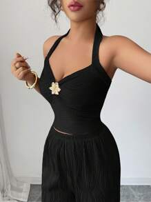 Selianne Bộ trang phục họa tiết gợn sóng phong cách Mỹ cổ điển Y2K mới, áo crop top dây mảnh trang trí hoa kim loại + quần ống đứng, bộ 2 món cho nữ, phù hợp cho ngày lễ Độc lập, phong cách Stockholm màu nâu - màu đen - Xem 3