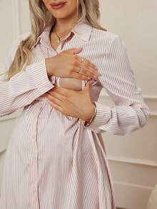 SHEIN Maternity Casual Commuter Striped Front Button Nursing Dress - Khaki - View 7