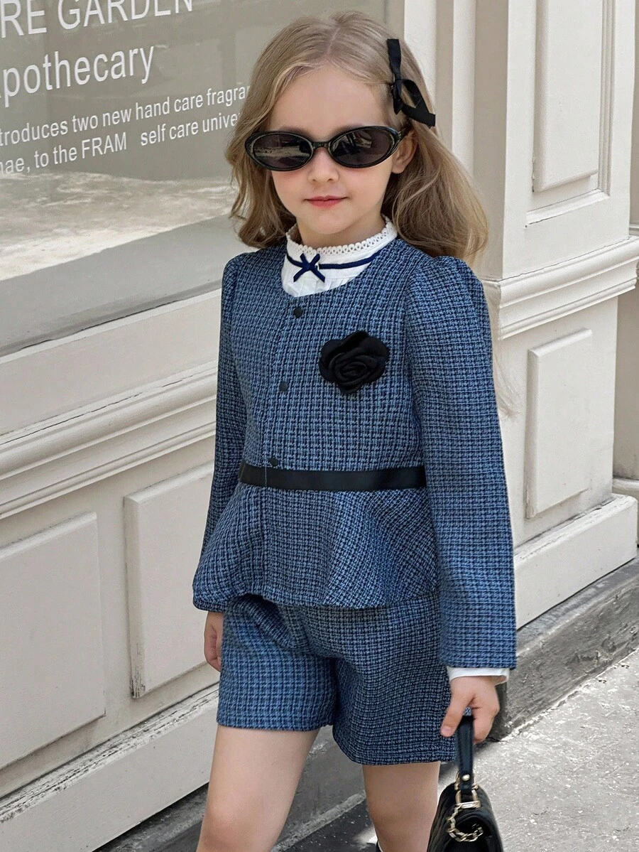 Elladie kids 2 件套年轻女孩优雅拼色泡泡袖花卉提花拼接荷叶边下摆夹克和短裤套装，适合春秋季 - 黑與白 - 查看 1