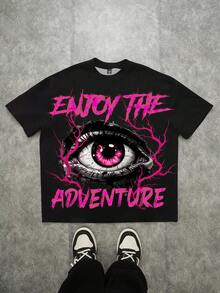 SHEIN Teen Boy Casual Minimalist Letter Eye Print Short Sleeve Round Neck T-Shirt, Suitable For Summer, Social & Leisure