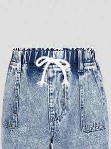 SHEIN Tween Girls' Light Blue Elastic Waist Bow Decor Casual Loose Fit Washed Wide Leg Jeans Fall Winter