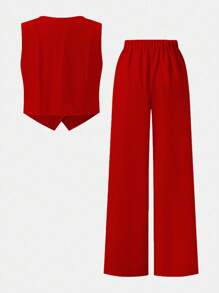 SHEIN 2pcs Vintage American Leopard Print Girl's Basic Short Sleeve Top And Long Pants Set, For Teenage Girls - Red - View 2