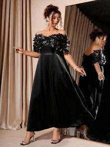 Cravure Christmas Plus Size Women's Off Shoulder Long Dress, 3D Floral Mesh Satin Shiny Extra Long Party Gown - Black - View 4