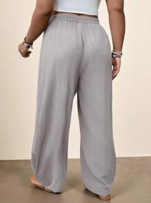 Freevana Plus Size Light Grey Woven Fabric Casual Long Pants With Pockets - Light Grey - View 2