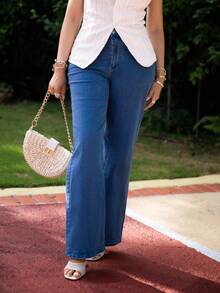 Melissa Matos Jeans droits à taille haute de style minimaliste lavé de manière décontractée - Jean bleu - Voir 6