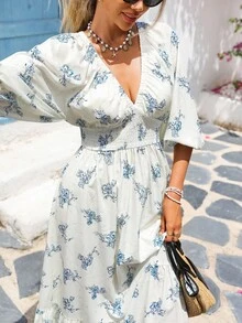 Vivid Eden 女士休闲度假浪漫V领束腰连衣裙 - 彩色 - 查看 6