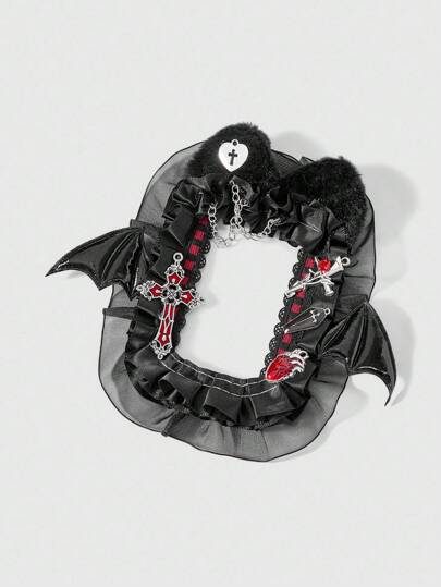 Anime Halloween Black Lace Bat Wing Cross Charm Casual Chic Multifunctional Card Holder, Suitable For ID Card, Photo, Etc.