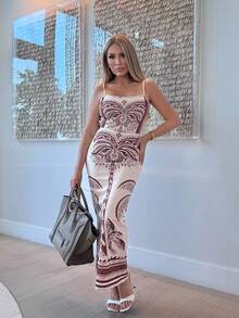 Cioccolato 优雅性感通勤休闲假日长裙，花卉波西米亚风格女式吊带裙，修身贴臀 - 杏色 - 查看 6