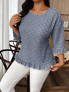 Weeklong Camisa casual de mujer talla grande con cuello redondo, manga 3/4 y dobladillo con volantes a cuadros - Azul Marino - Ver 5