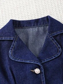 SHEIN 少女淑女绅士风纯色水洗无袖背心和直筒牛仔裤套装，女童秋冬服装，儿童返校节休闲牛仔裤两件套优雅套装 - 深色水洗藍 - 查看 3