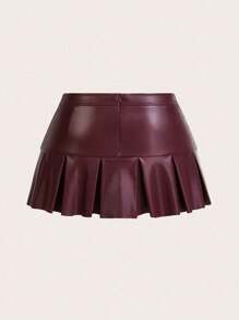 SHEIN ICON 腰带配孔眼金属装饰扣，PU 皮革褶皱中裙 - 紅色 - 查看 2