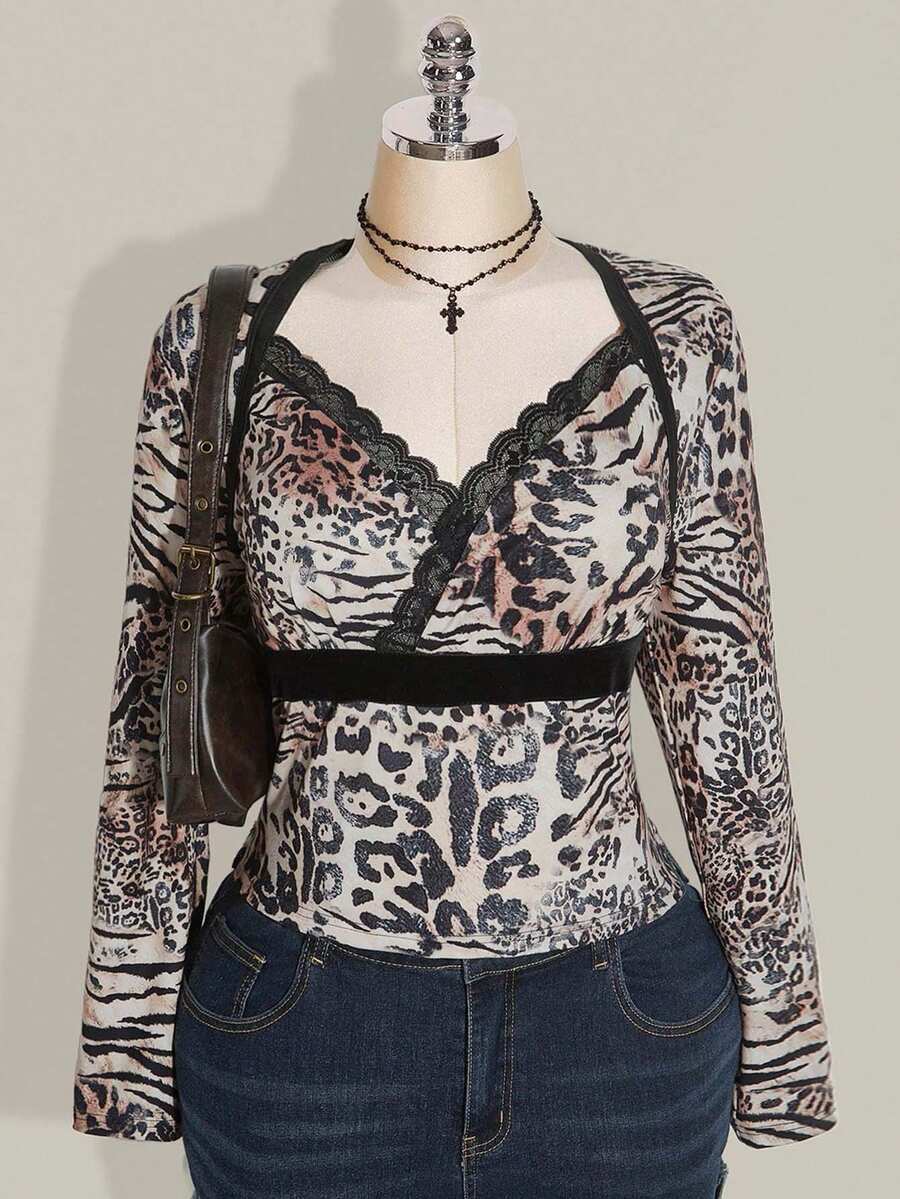 SHEIN ICON Oversize Leoparden-Muster V-Ausschnitt Langarm Y2K Vintage Strick-Top - Verschiedenfarbig - Übersicht 1