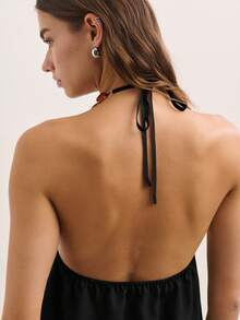 Nöista This Sleeveless Halter Top In Muted Olive Features A Draped Front And Wooden Bead Neckline, Creating A Relaxed, Flowy Silhouette. Perfect For Summer Outfits, Cute Summer Tops, Plus Size Summer Clothes, And Women's Summer Clothes. - Black - View 6