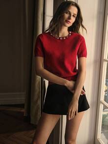 MOTF PREMIUM RHINESTONE DETAIL PUFF SHORT SLEEVE KNIT TOP