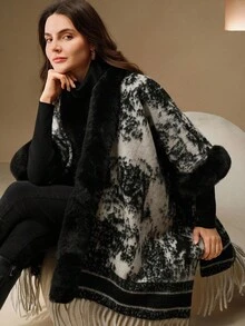 Anewsta Women's New Oriental Aesthetic Ink Painting Tassel Shawl, Suitable For Autumn, Fall, Winter, Going Out, Elegant, Formal, Party, Chic, New Year, Women's Winter Coat, Christmas, Work, Graduation, Wedding