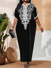 SHEIN Lady 加大码优雅办公室黑白梭织图案印花连衣裙 - 黑色 - 查看 5